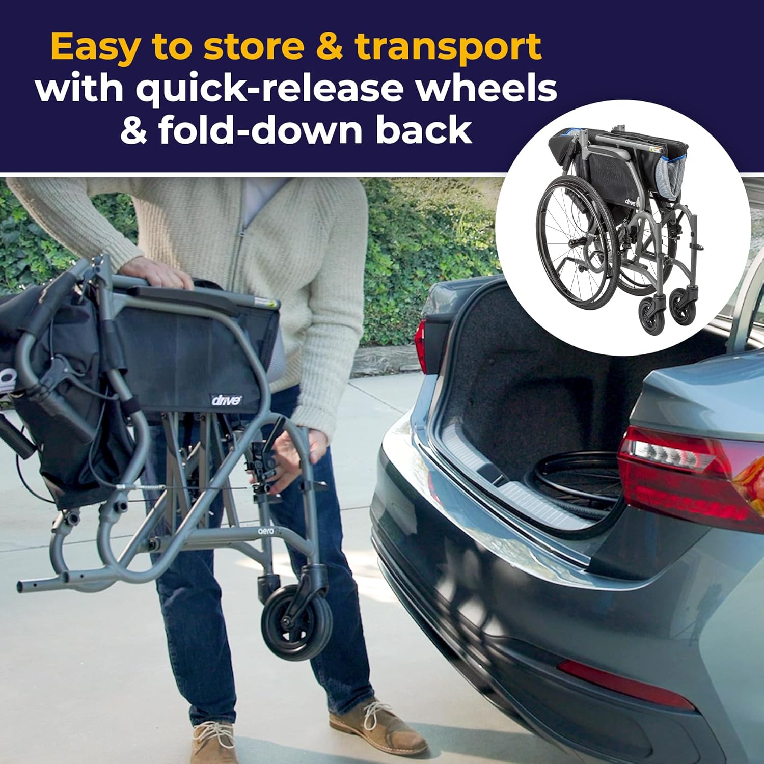 AeroFly Ultra-Lite folding into a car trunk, with quick-release wheels and a fold-down back